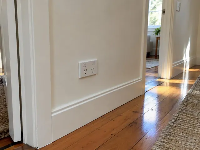 Double power point on a painted hallway wall above timber floorboards in Rose Bay