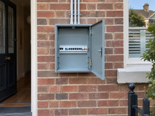 Open exterior switchboard on a brick house wall beside the front door in Double Bay